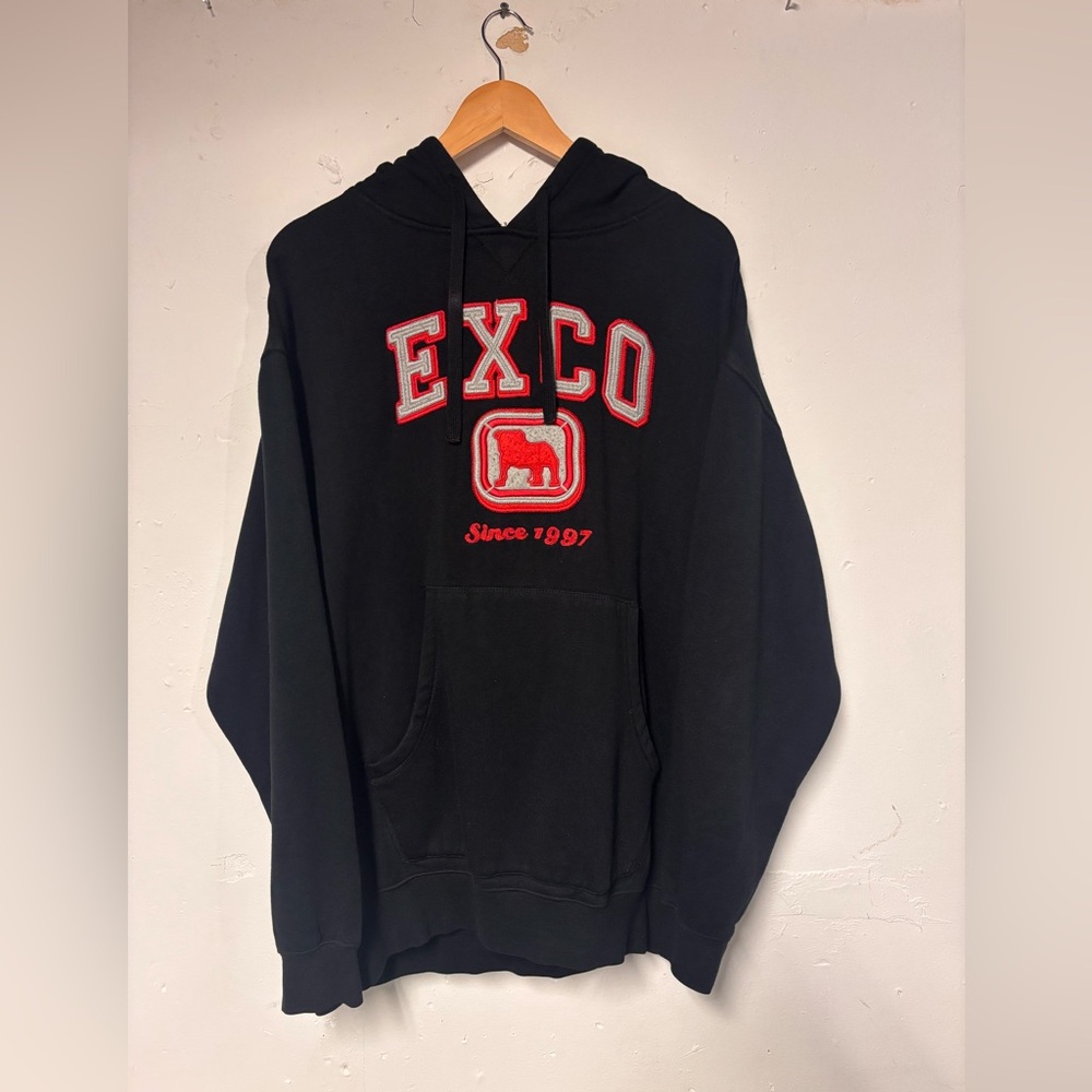 Y2K Exco Jeans Men’s Black Pull-over Hoodie Medium Long Fit Streetwear